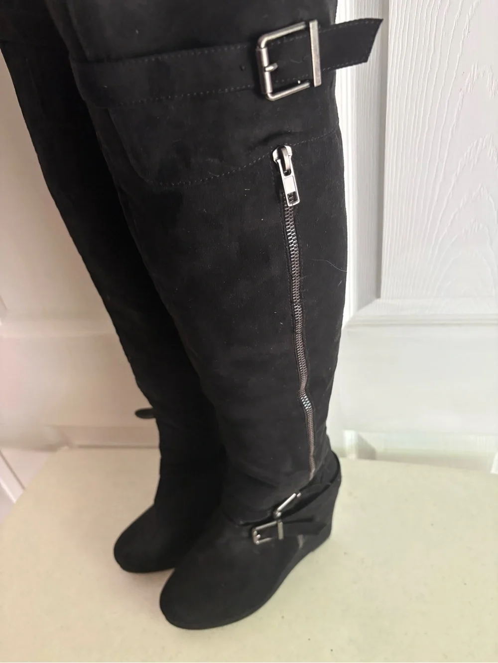 Barbie Black Over-the-Knee Suede Boots with Buckle Detail